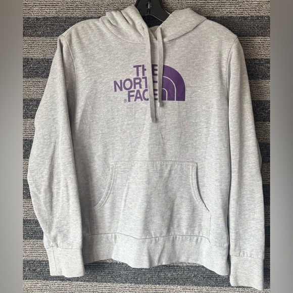 The North Face Tops - The North Face Light Gray Pullover Hoodie with Purple Logo